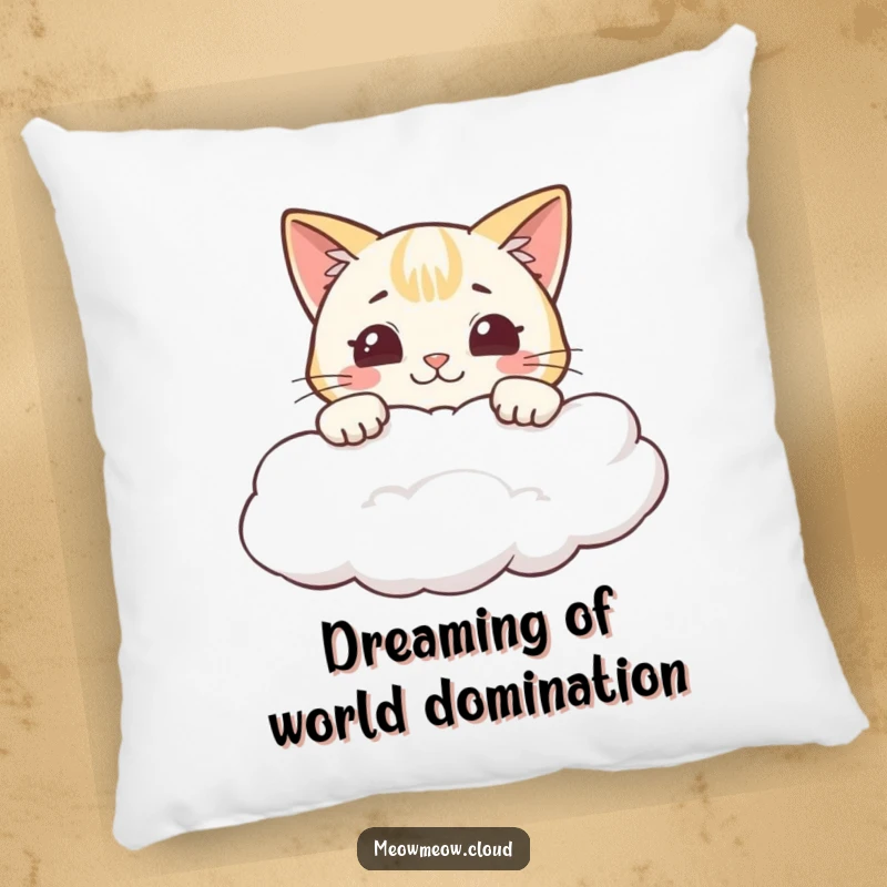 Funny pillow featuring a cheeky cartoon cat peeking over a cloud with a big grin.