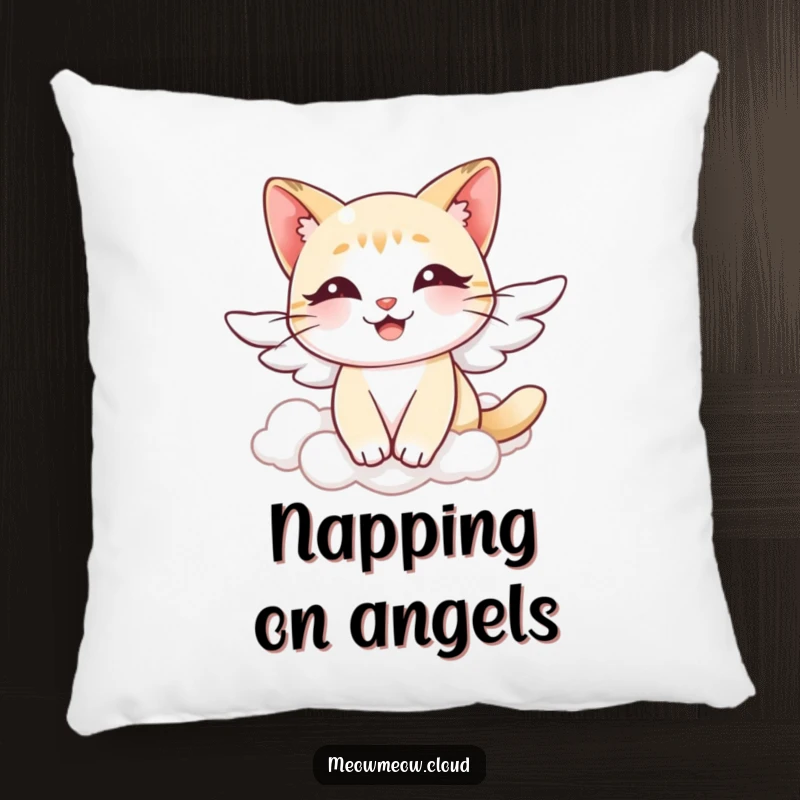 Funny angel cat pillow, soft cushion featuring a cat with tiny wings floating through clouds, promoting comfort and gentle humor.