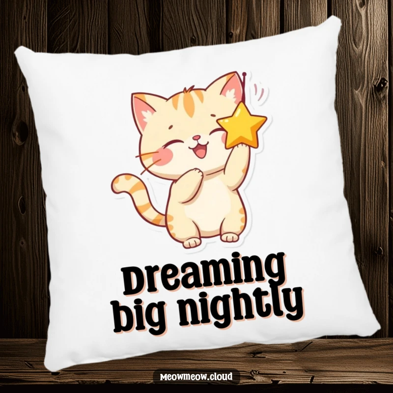 Funny pillow with a smiling cat character playfully batting at a dangling star, offering a touch of cozy, whimsical charm.
