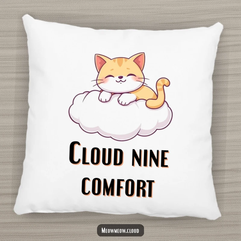 Funny decorative pillow featuring a happy cat lounging on a puffy white cloud, perfect for adding serene charm.
