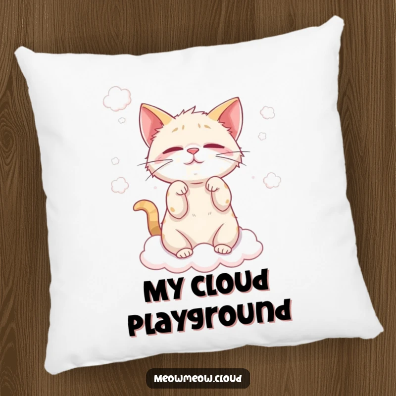 Funny cat cloud wisp pillow featuring a mischievous cat playing with fluffy clouds, offering cozy and playful vibes.