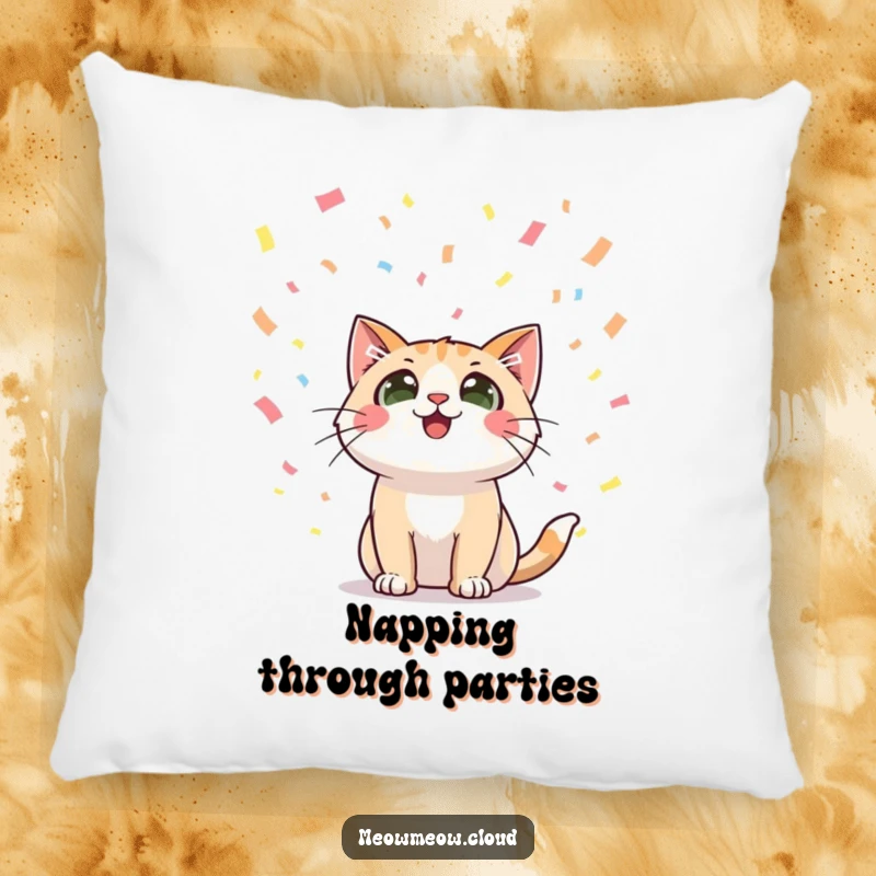 Funny pillow with a happy cat character looking up with wide eyes at falling confetti, offering plush comfort and festive cheer.