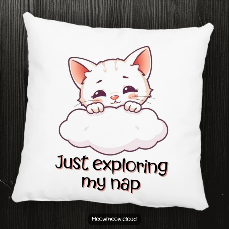 Funny pillow featuring a curious cat peeking over a cloud, providing comfort and a touch of playful mystery.