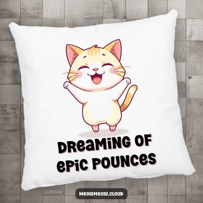 Funny pillow with a joyful cat captured mid-pounce, offering soft comfort and playful energy.