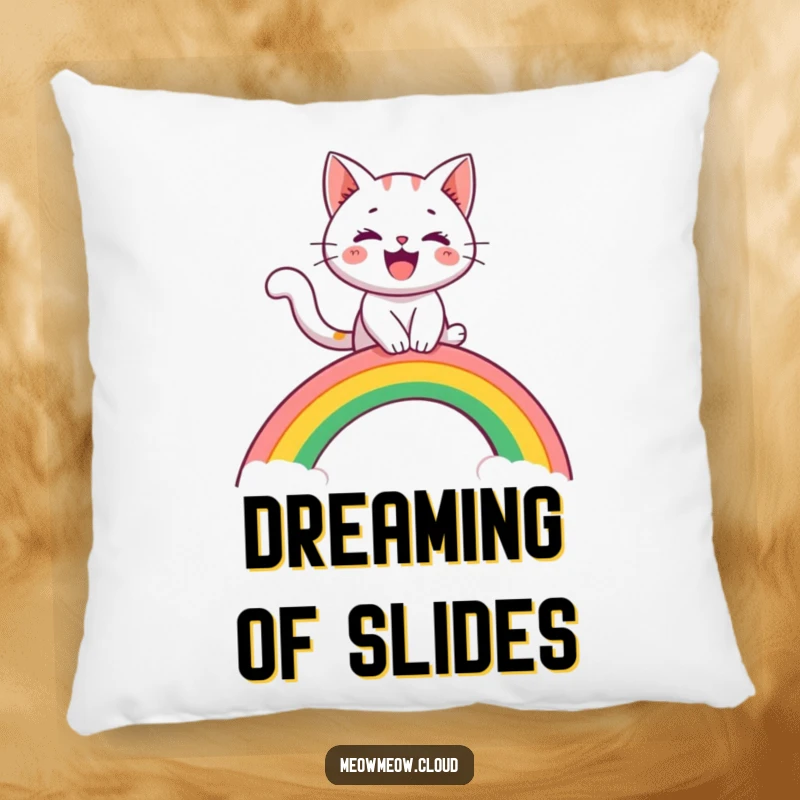 Funny pillow with a cheerful cat character riding a rainbow arch like a slide, offering plush comfort and whimsical charm.