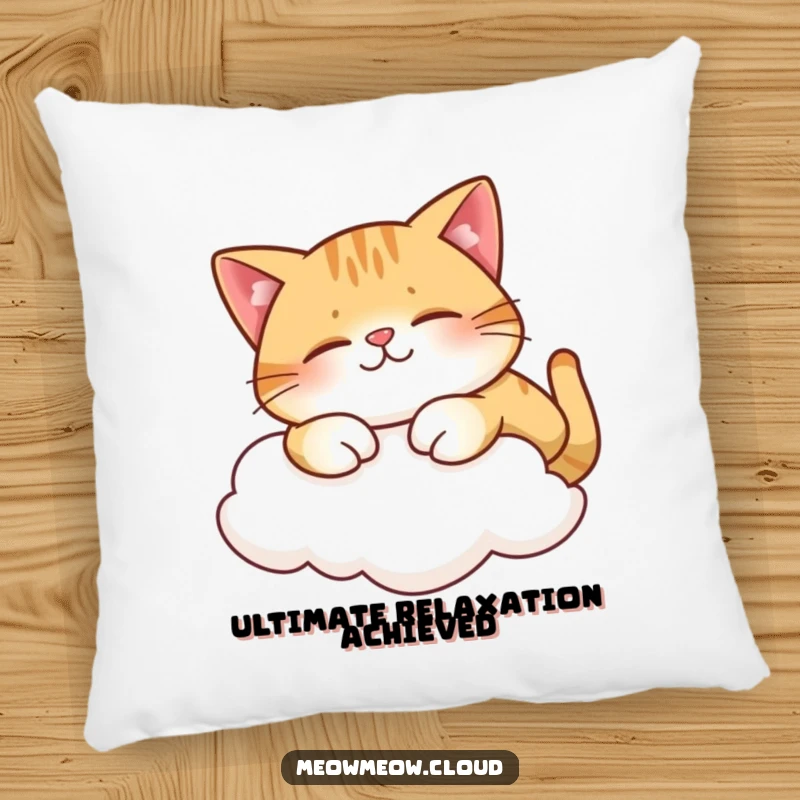 Funny pillow featuring a contented cat stretching on a cloud, providing ultimate comfort and joy.