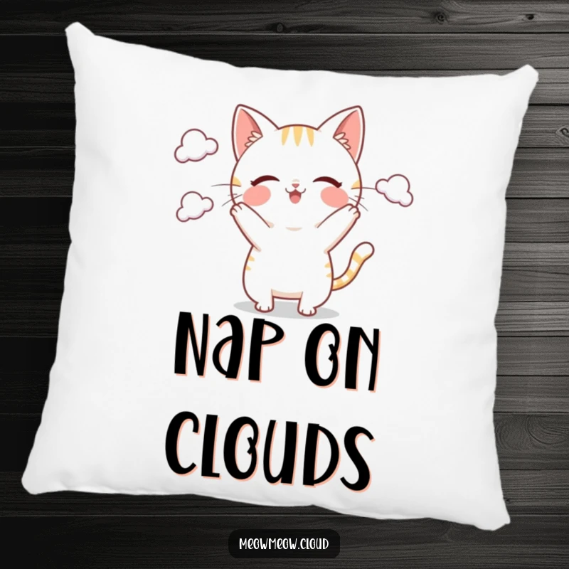 Funny Pillow featuring a playful cat character juggling clouds, designed for ultimate comfort and a touch of airborne whimsy.