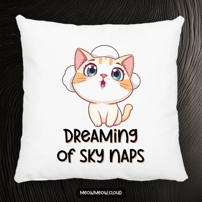 Funny curious cat resting on a cloud, eyes wide with amazement, a soft and humorous pillow for a funny gift.