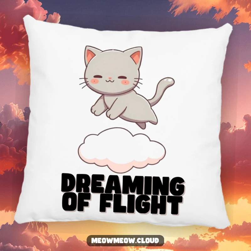 Funny Gray Cat Pillow featuring a cat in mid-leap between clouds, providing soft comfort and whimsical decor. Cute accent pillow.