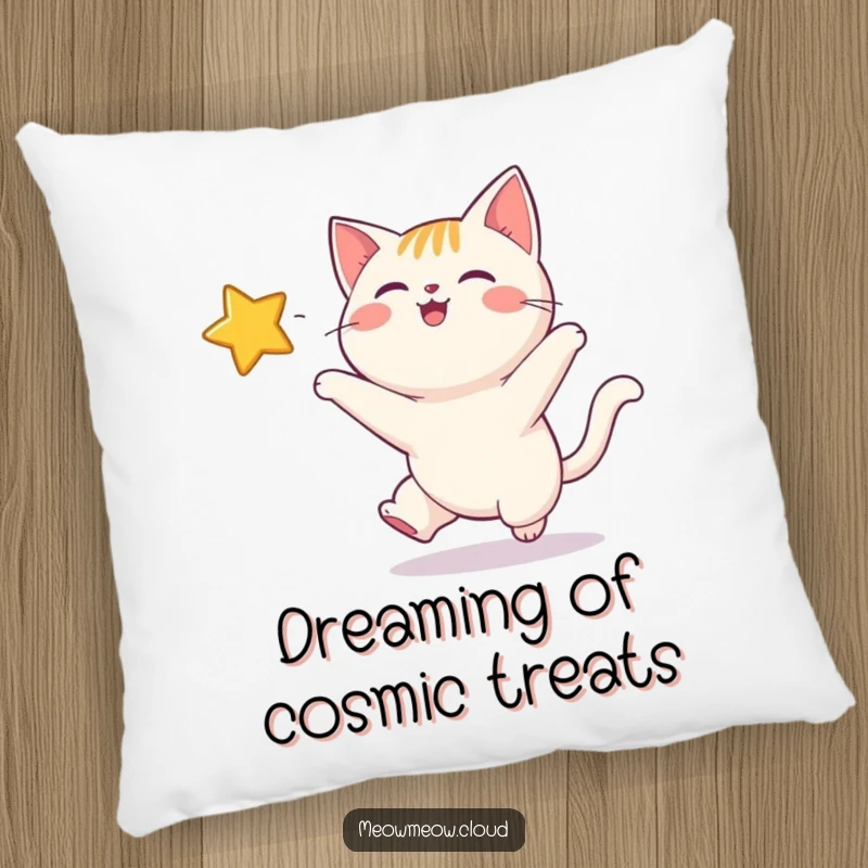 Funny pillow showcasing a happy cat playfully batting at a bright, twinkling star, bringing smiles and cozy vibes.