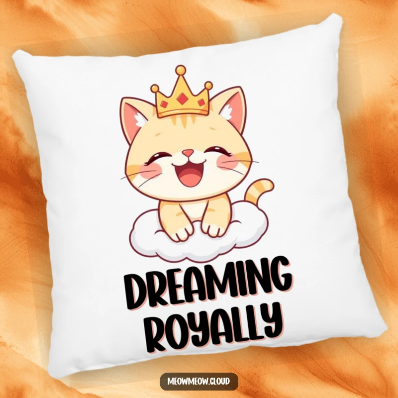 Funny cat pillow with a happy cat wearing a crown on a cloud, offering comfort and a regal, amusing touch.