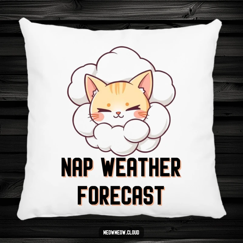 Funny pillow with a mischievous cat peeking from a cumulonimbus cloud, designed for comfort and humor.