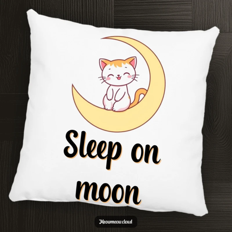 Funny Pillow featuring a smiling cat riding a crescent moon, designed for ultimate comfort and a touch of lunar whimsy.