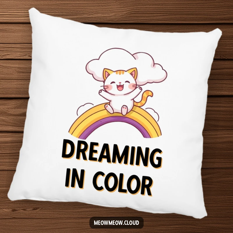 Funny pillow featuring a happy cat character sliding down a bright rainbow from a cloud, bringing whimsical comfort.