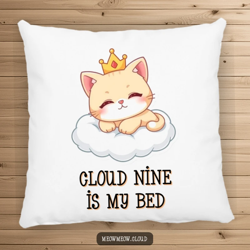 Funny royal cat pillow featuring a cute cat with a crown, lounging on a fluffy cloud.