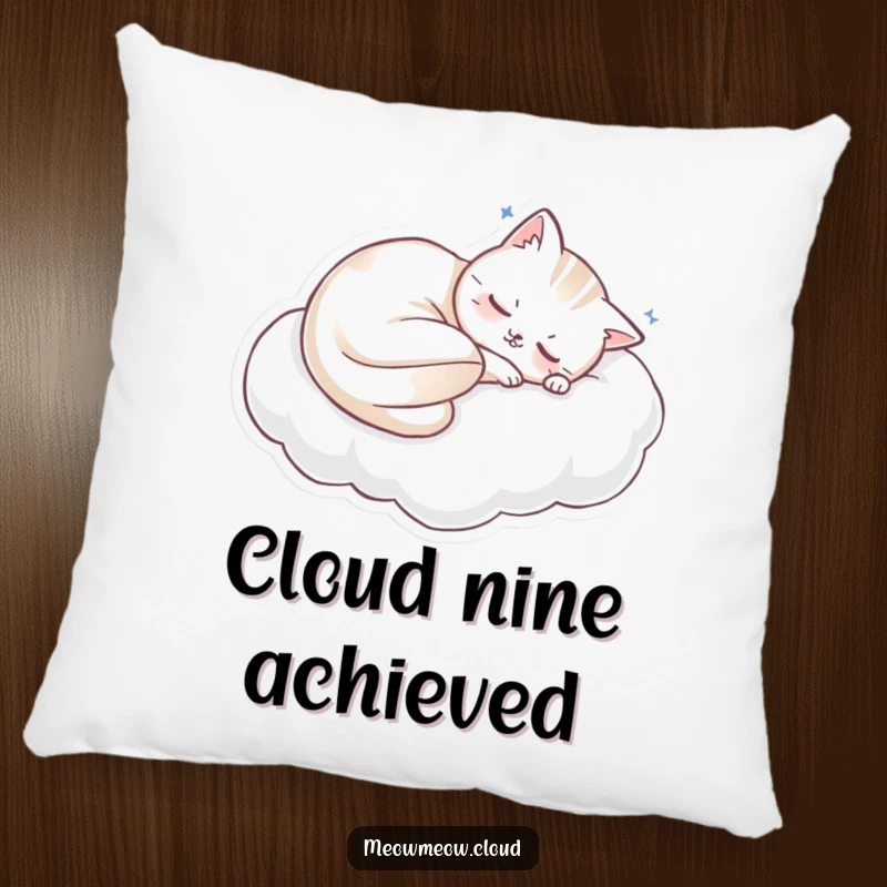 Funny sleeping cat curled on a cloud pillow on a plush pillow, ideal for ultimate comfort and funny gifts.