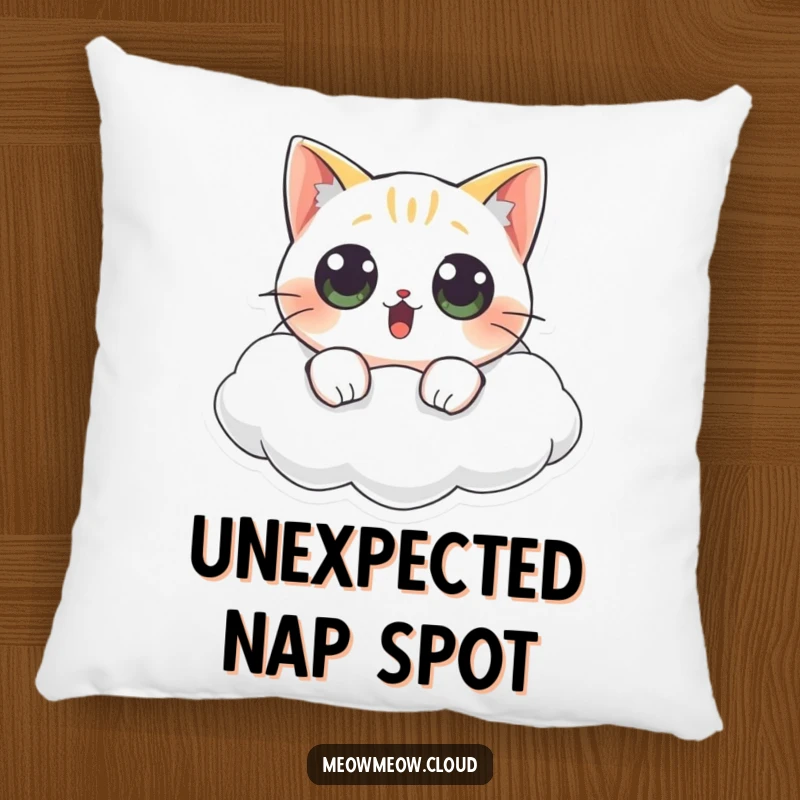 Funny cat pillow featuring a surprised cat with wide eyes floating on a cloud, adding a touch of humorous comfort.