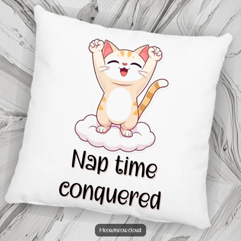 Funny pillow featuring a triumphant cat character sitting on a cloud, arms raised victoriously, offering cuddles and comedic relief.