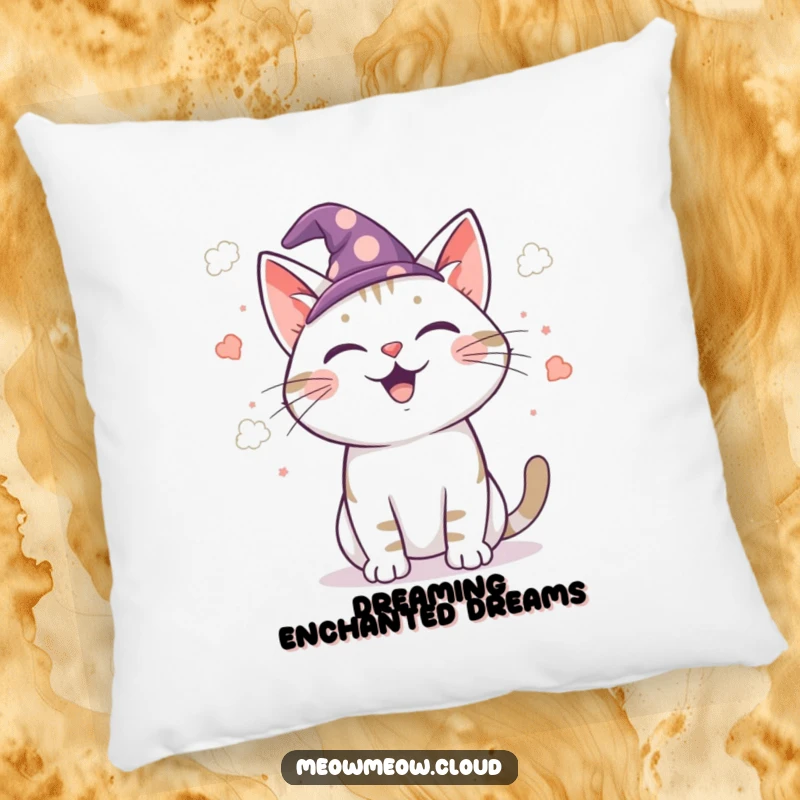 Funny wizard cat pillow, plush cushion featuring a cat wizard casting cloud confetti, comfortable and magically humorous home accent.