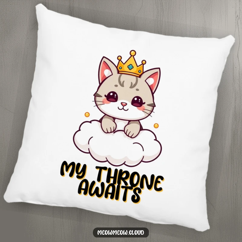 Funny Cat King Pillow featuring a cute cat with a crown ruling a cloud kingdom, providing soft comfort and royal decor. Cute accent pillow.
