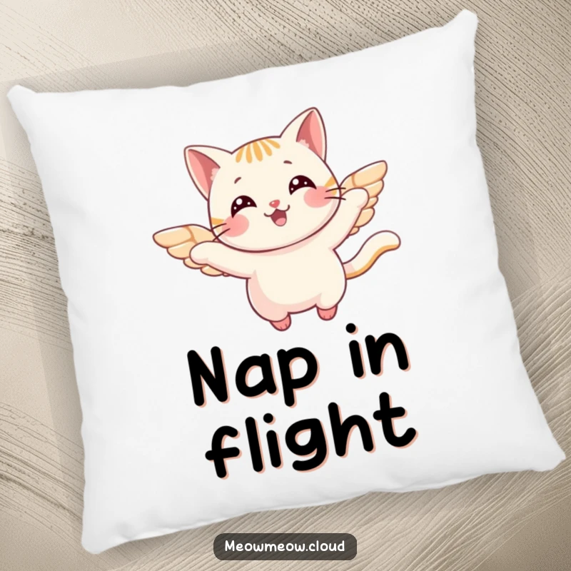 Funny Pillow featuring a cheerful cat with small wings, designed for ultimate comfort and a touch of airborne whimsy.