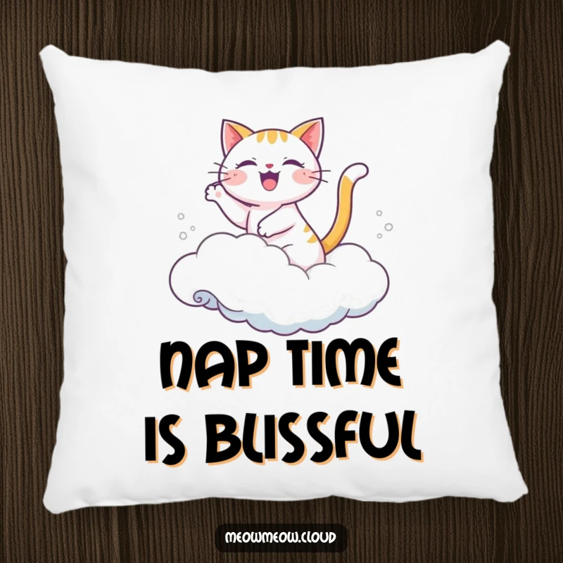 Funny pillow featuring a joyful cartoon cat riding a cloud like a wave.
