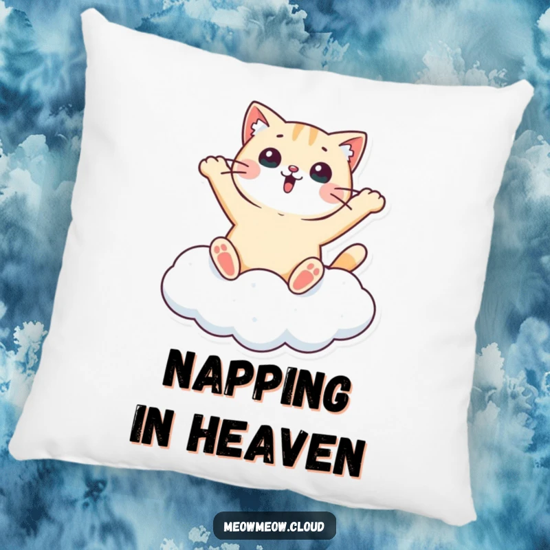 Funny pillow featuring a surprised cat making a snow angel on a cloud, adding cozy whimsical humor and celestial charm to any space.
