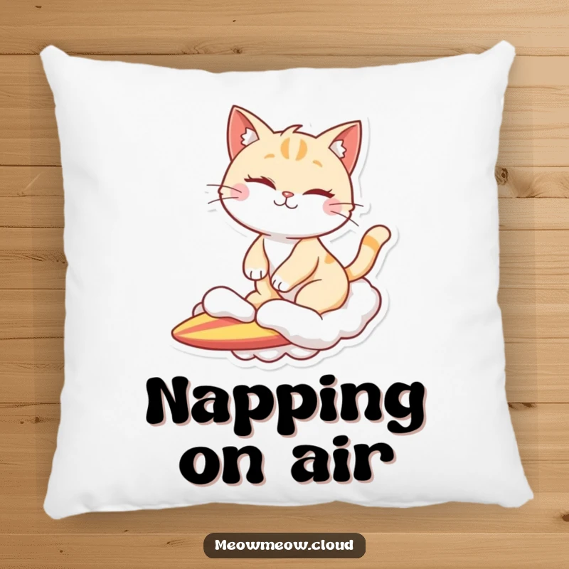 Funny pillow featuring a winking cat character surfing on a cloud, offering comfort and a cool, humorous statement.