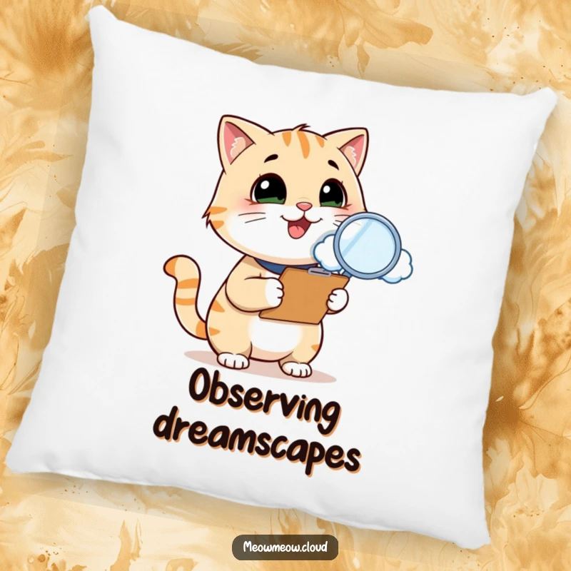 Funny cat inspector pillow, a smiling cat with clipboard and magnifying glass inspects a cloud, a soft and whimsical addition to any seating.