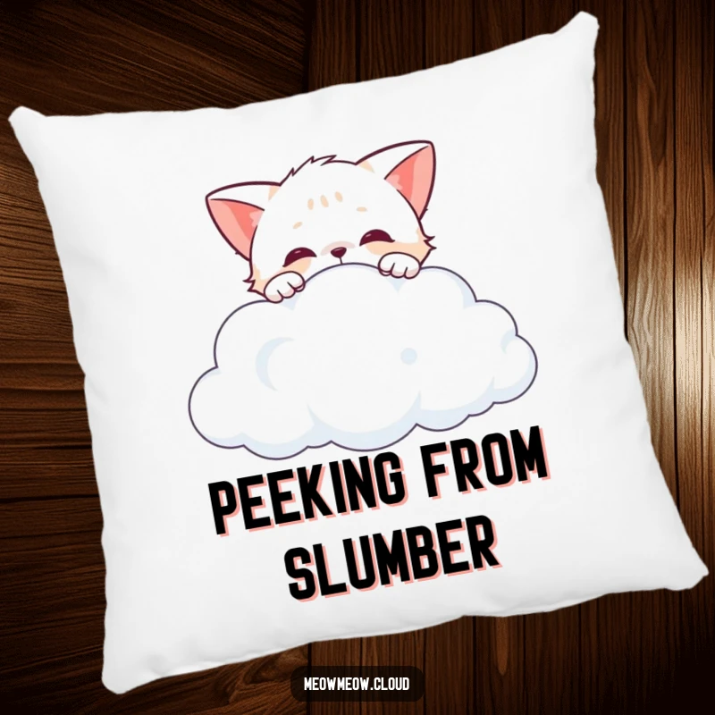 Funny curious cat peeking over the edge of a cloud, a soft and humorous decorative pillow for cozy spaces.