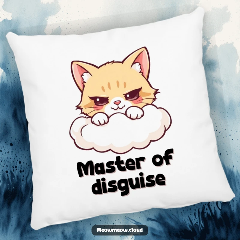 Funny pillow featuring a mischievous cartoon cat peeking from behind a cloud.
