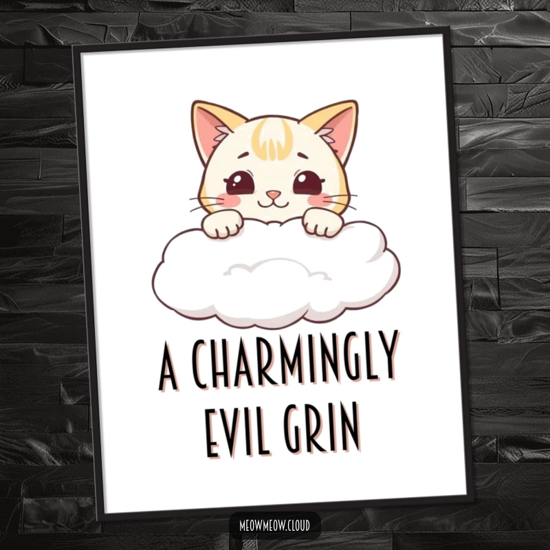 Funny digital art print of a cheeky cartoon cat peeking over a cloud with a big grin.