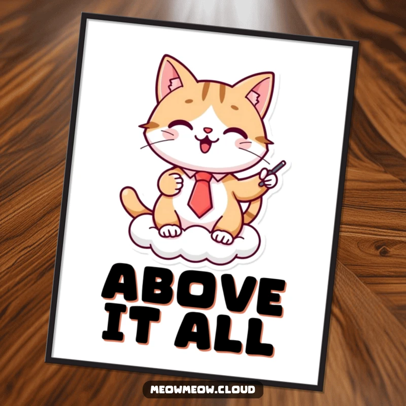 Funny cat presenter digital art print, a cheerful cat in a tie gives a presentation on a cloud, perfect for downloadable, humorous wall decor.