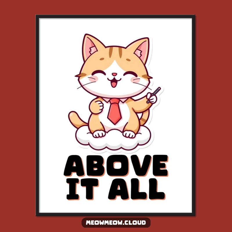 Funny Cat Presenter Digital Art Print: Cloud feline art, perfect funny gift.
