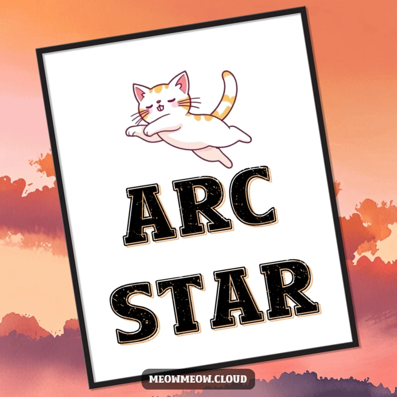 Funny cat performing a graceful arc, leaping in the sky, as a digital art print for wall decoration.