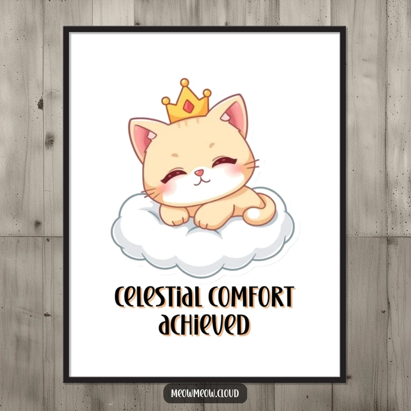 Funny royal cat digital art print of a cute cat wearing a crown, lounging on a cloud.