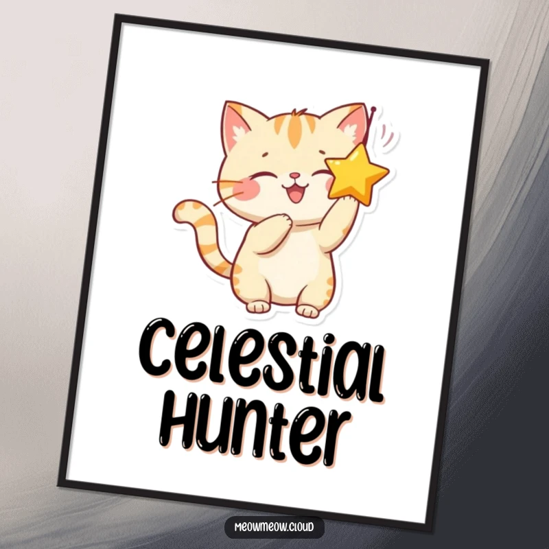 Funny digital art print of a smiling cat character playfully batting at a dangling star, ready for instant download and display.