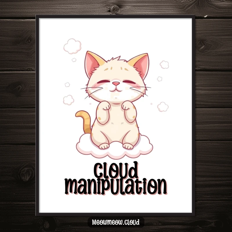 Funny cat cloud wisp digital art print of a mischievous cat playing with fluffy clouds, bringing whimsical and playful vibes.