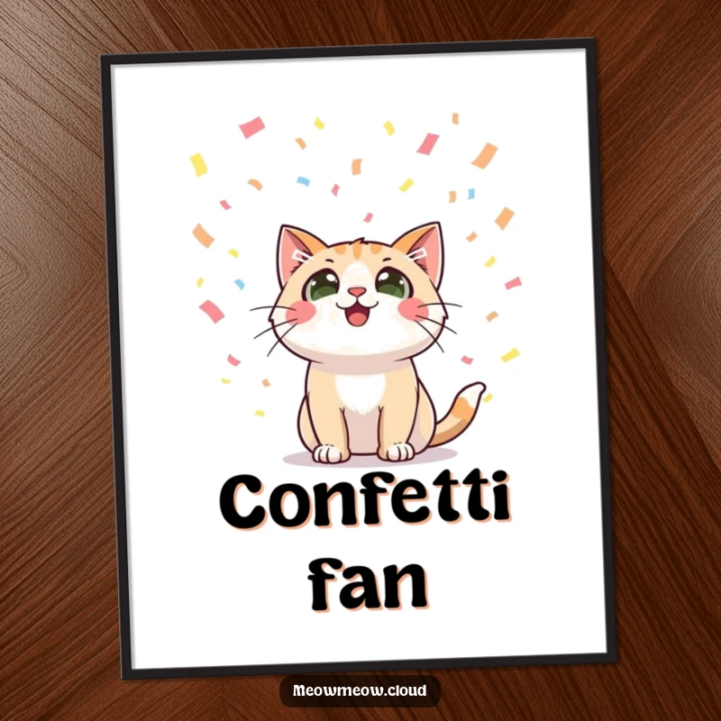 Funny digital art print of a happy cat character looking up with wide eyes at falling confetti, ready for instant download.