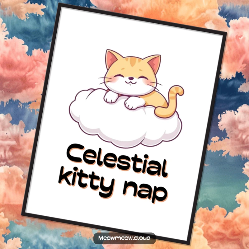 Funny digital art print of a happy cat lounging on a puffy white cloud, adding serene humor to decor.