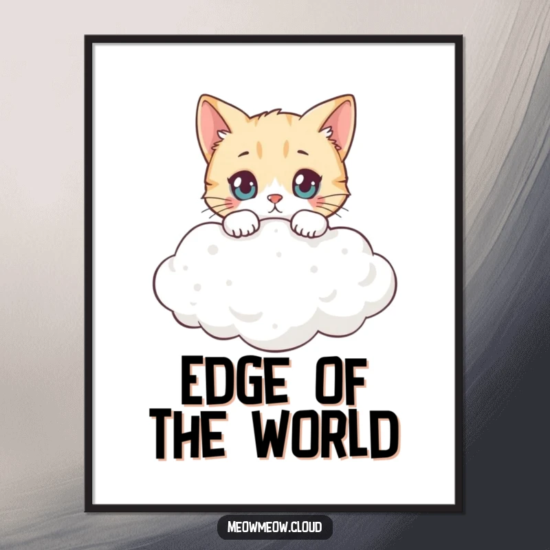 Funny curious cat peeking over a fluffy cloud's edge, a digital art print full of whimsy and charm.