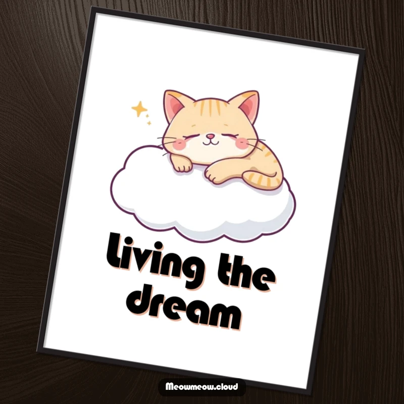 Funny cat cloud digital art print of a content cat sleeping on a soft cloud, bringing serene and cute vibes.