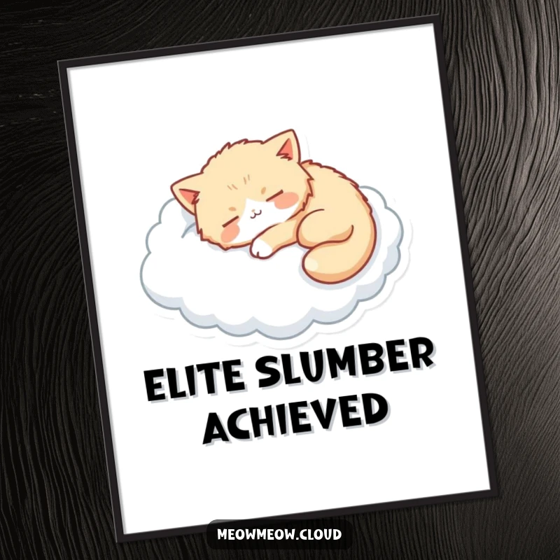 Funny digital art print of a fluffy cat napping on a cloud, adding a tranquil and cute vibe.