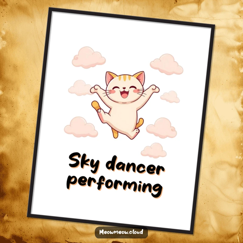 Funny joyful cat performing a graceful leap between fluffy clouds, a digital art print capturing motion and happiness.