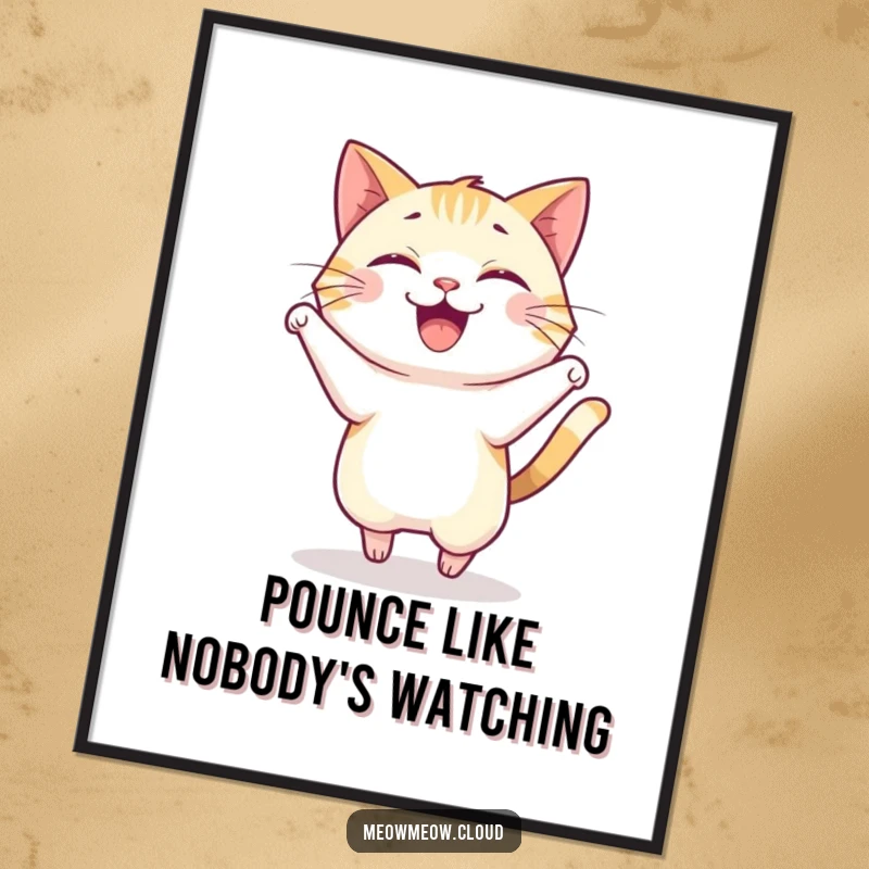 Funny digital art print of a happy cat in a joyful pounce, ideal for adding instant dynamic decor.