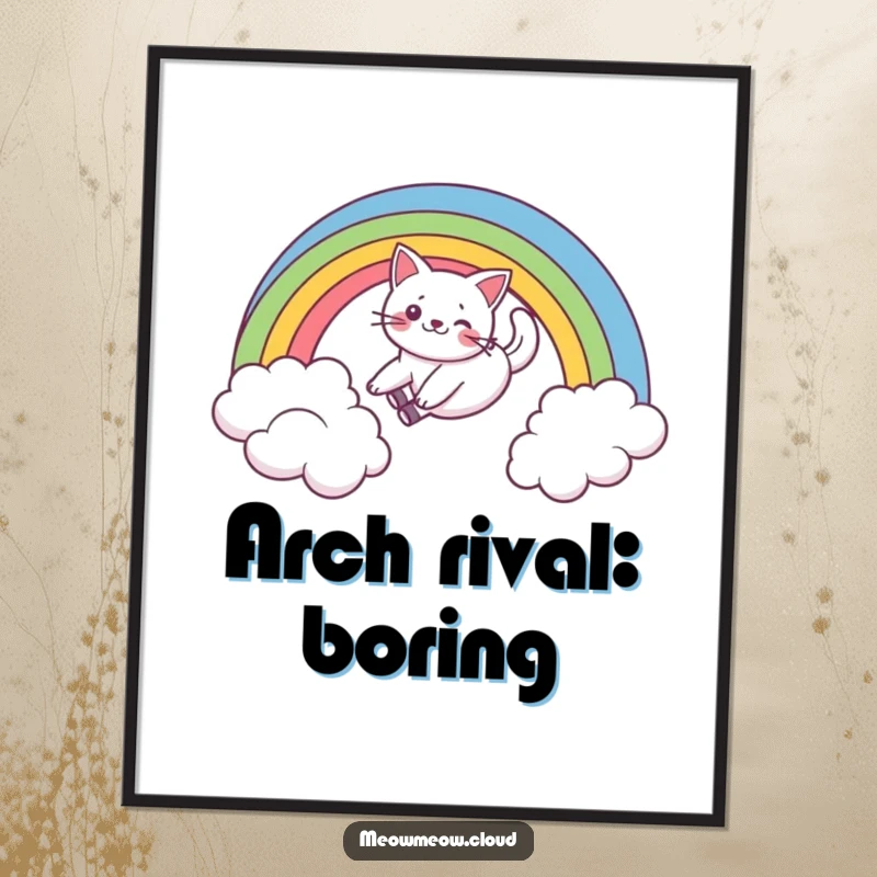 Funny digital art print of a playful cat sliding down a vibrant rainbow over a cloud, a cheerful and whimsical decoration.