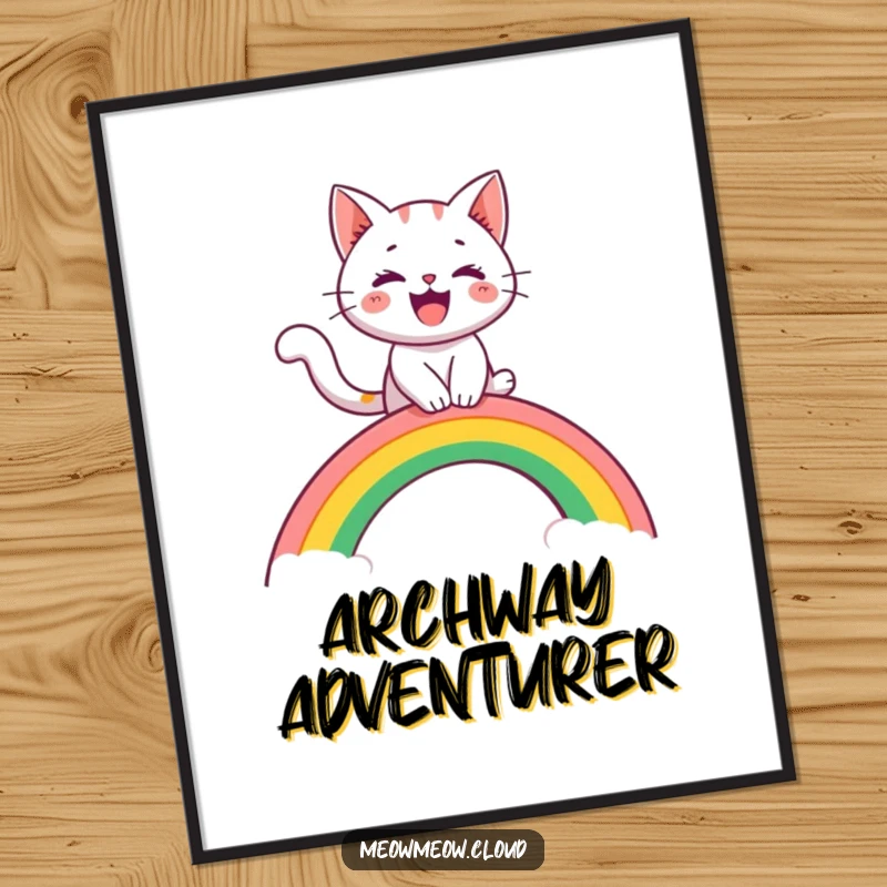 Funny digital art print of a cheerful cat character riding a rainbow arch like a slide, ready for instant download.