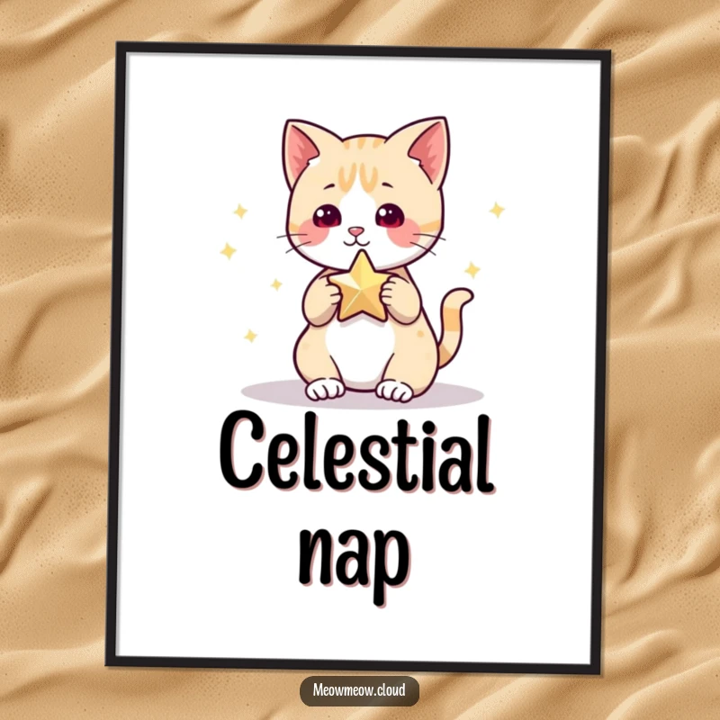 Funny Digital Art Print of a cute cat character joyfully playing with a shining star, ready to be printed for whimsical home decor.