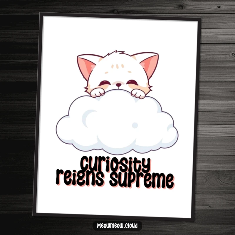 Funny curious cat peeking over the edge of a cloud, humorous digital wall art for instant download and playful decor.