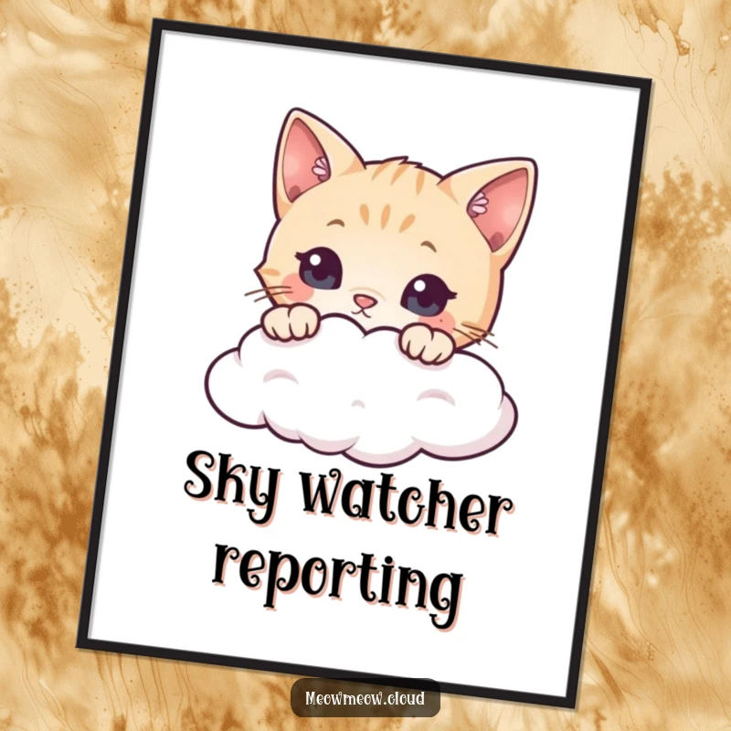 Funny cat digital art print depicting a curious feline peeking over a cloud, creating a whimsical and amusing visual.